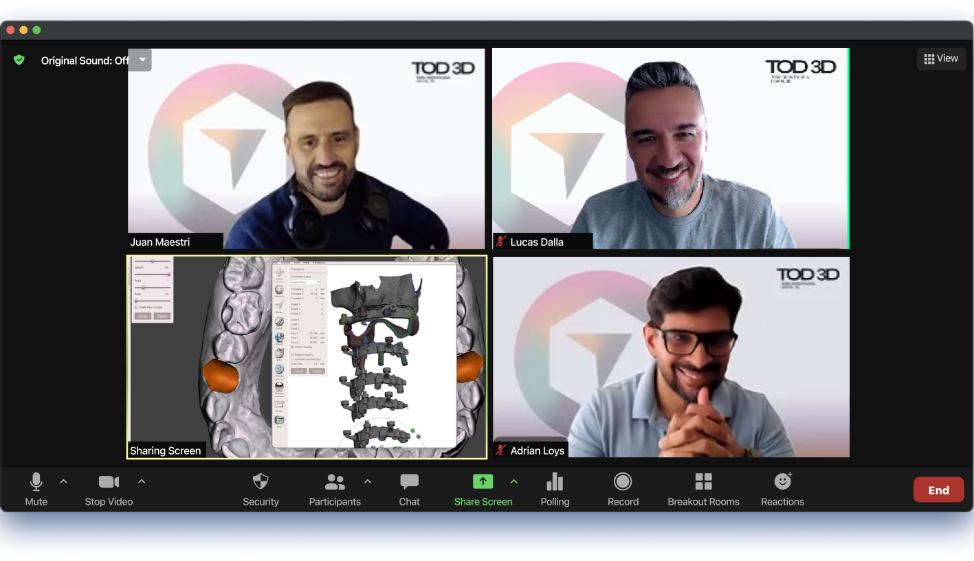 Equipo docente en reunión virtual mostrando software de modelado 3D dental