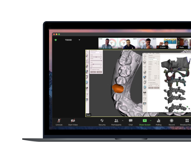 Equipo docente en reunión virtual mostrando software de modelado 3D dental